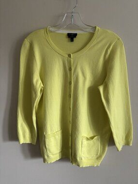 Talbots Petites Chartreuse Pima Cotton ¾ Sleeve Button Front Cardigan Sweater Mp